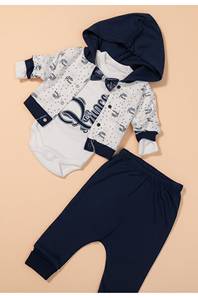 Tuabella 100% Cotton Hooded Men's 3-Piece Baby Set (Cardigan + Snap Fastener Bodysuit + Bottoms)