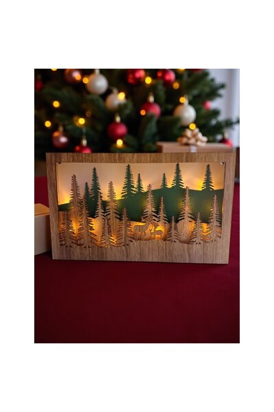 Xmas Decor luminos din lemn „Pădurea de iarnă” – tablou iluminat cu reni, 41x25 cm