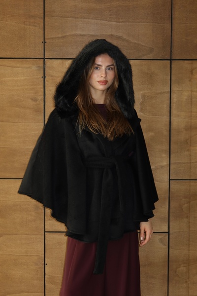 BY SE'MAS WEAR Yün Kaşe Kumaş Kürk Kapşonlu Panço