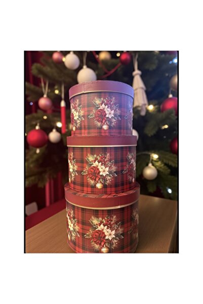Xmas Set 3 Cutii Cadou Rotunde cu Model Tartan și Aranjament Floral de Crăciu...