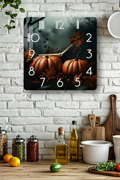 kutuTR 3D Looking Tempered Glass Square Clock – Pumpkin Fall Themed Uv Printing 33X33 cm - Kcs120