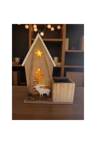 Xmas Decor luminos din lemn „Căsuța cu ren și brad” – suport decorativ cu LED...