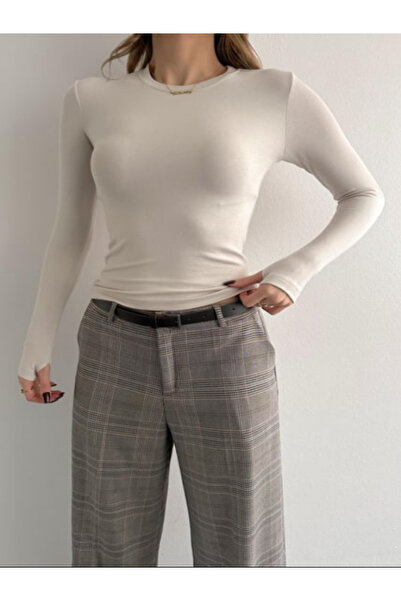 SmallTouch Parmak Geçmeli Fit Kalıp Uzun Kollu Likralı Kadın Crop Bluz