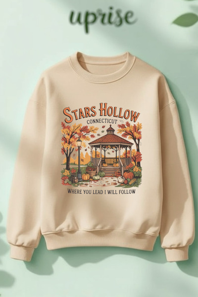 Vordevia Hanorac Stars Hollow Gilmore Girls cu imprimeu din bumbac 3 fire guler rotund oversized