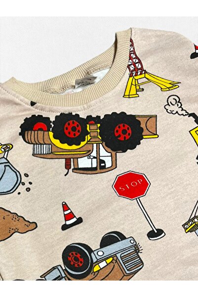 Fil Kids Boys' 100% Cotton Beige Color Scoop Truck Pattern Long Sleeve Fleece-Lined Winter Pajamas Set