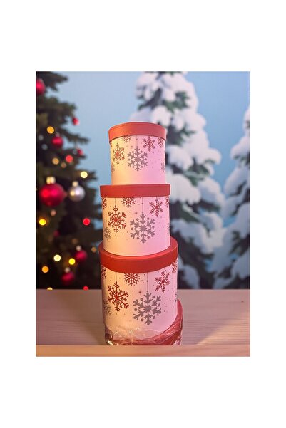 Xmas Set of 3 Round Christmas Gift Boxes – Red & Grey Snowflake Pattern, Eleg...