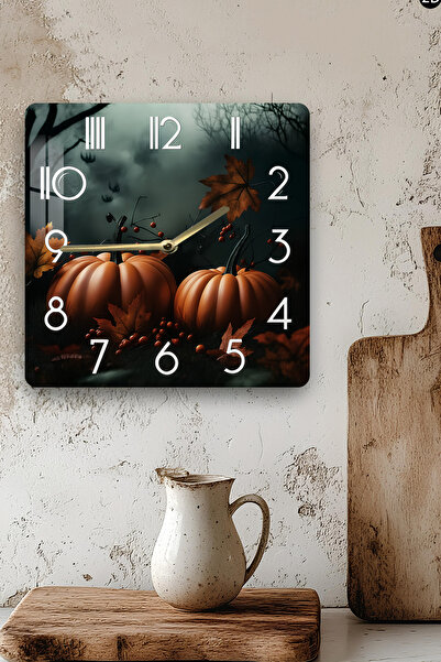 kutuTR 3D Looking Tempered Glass Square Clock – Pumpkin Fall Themed Uv Printing 33X33 cm - Kcs120