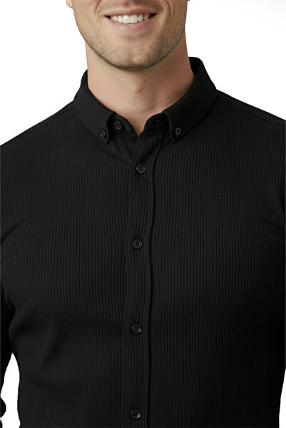 DeepSEA Erkek Siyah Slim Fit Fitilli Gömlek – Likralı Esnek Kumaş Şık Model 2500805