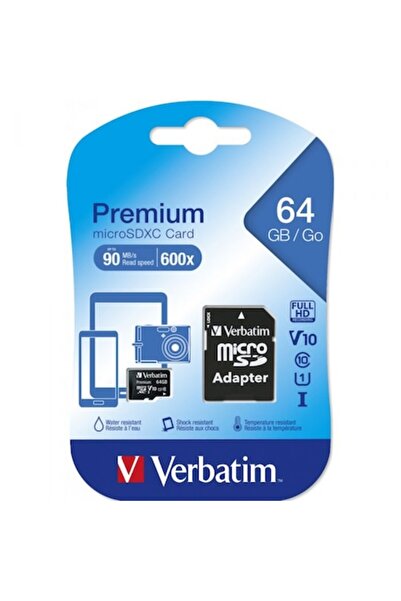 Verbatim Premium microSDHC 64 GB with SD Adapter, UHS-I V10 U1 Class 10