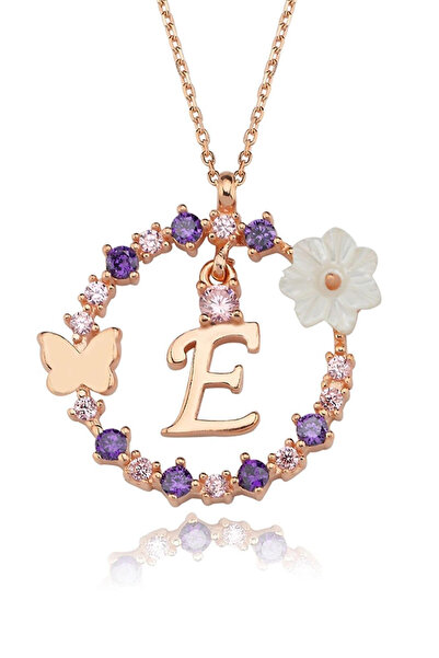 Eva Jewelry E Harf Sallantılı Manolya Çiçeği 14K Rose Altın Kaplama Kadın Kolye