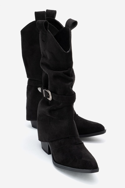 LuviShoes Okus Black Suede Women's Buckled Thick Heeled Short Boots