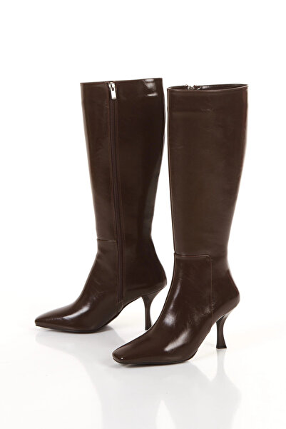 MFT AYAKKABI Women's Brown Knee-High Blunt Toe Thin Heeled Zippered Boots