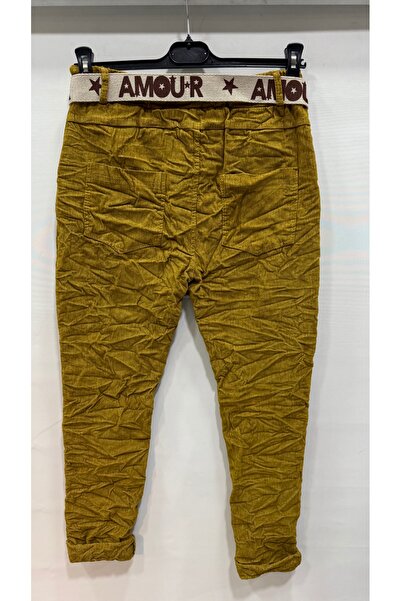 della moor Women's Mustard Italian Velvet Belted L Stretch Fabric Trousers