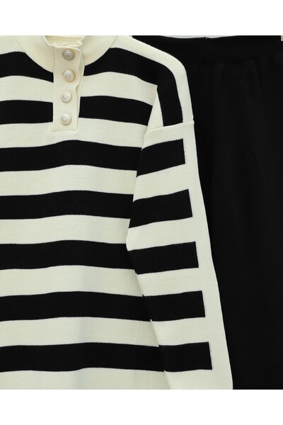 Modamorfo Half Turtleneck Buttoned Thick Striped Knitwear Set - Black