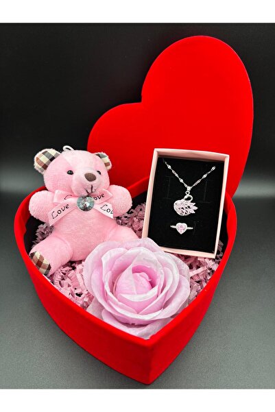 Sepetten Eve Kararmaz Çelik Pembe Kuğu Kolye ve Kalpli Yüzük Pembe Ayıcık ve ...