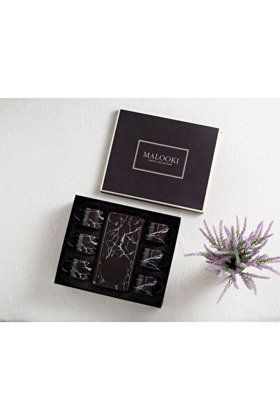 Malooki Set of 6 black Coffee cups with rectangular saucers, marble design, 200 ml