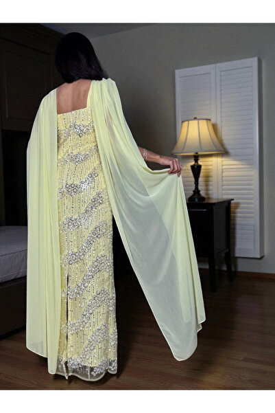 Nice Model Yellow Sequin Evening Gown Chiffon Cape Sleeves Hand Embroidered Formal Party Dress Floor Length