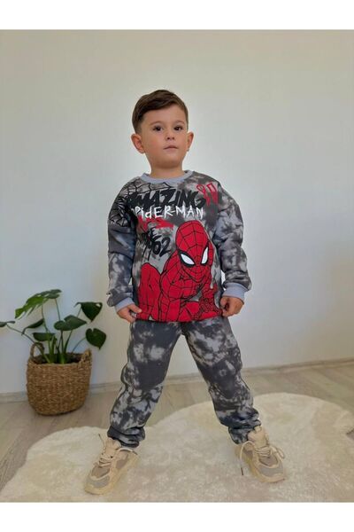 JELİBOOM Boy's Spider-Man Gray Fleece-Lined Two-Piece Suit