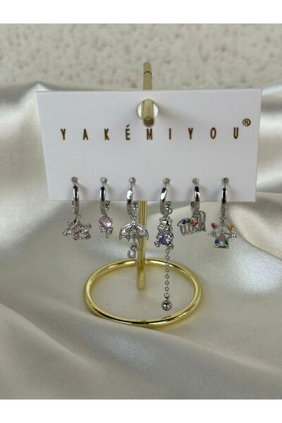 H&S AKSESUAR Gümüş Kaplama Hologramlı 6lı Set Küpe