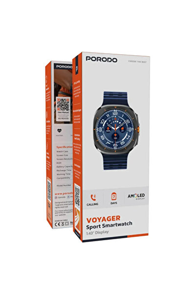 porodo Amoled 1.43" Smart Watch Black Dial with 34mm Orange Ocean Band (Blue)