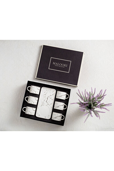 Malooki Set of 6 Coffee cups with saucers, white with golden marble design, 200 ml