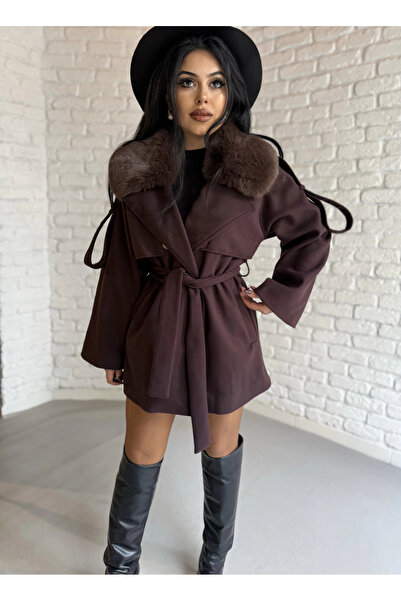 moneta boutique Women's Detachable Fur Collar Cashmere Coat