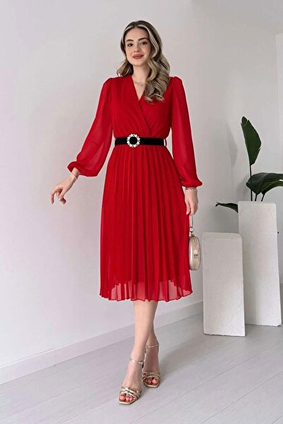 Omarı Γυναικείο φόρεμα από ύφασμα σιφόν με φαρδύ κόψιμο διπλό πέτο με γιακά μ...