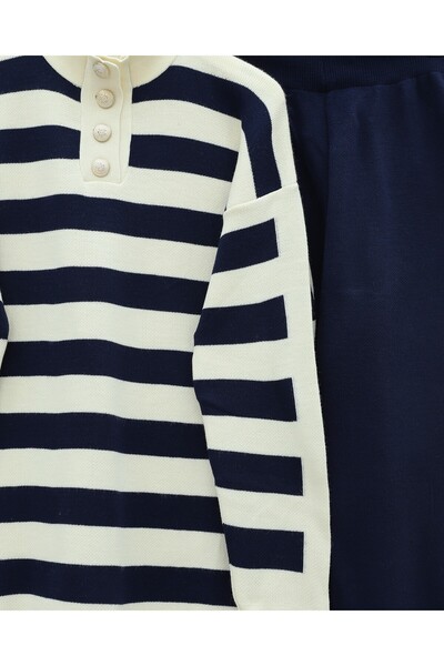 Modamorfo Half Turtleneck Buttoned Thick Striped Knitwear Set - Navy
