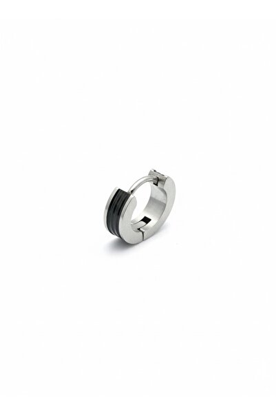 Winy Concept Siyah Çizgili Unisex Çelik Halka Küpe - 13 mm Minimalist Tasarım