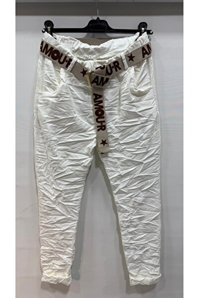 della moor Women's White Italian Velvet Belted L Stretch Fabric Trousers