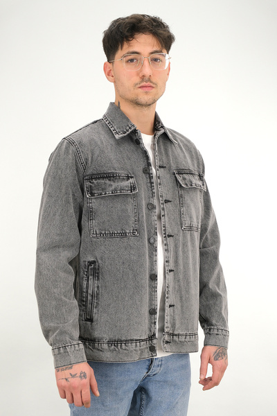 Souris Men's Smoked Washed Denim Jacket Shirt Collar Flap Double Pocket