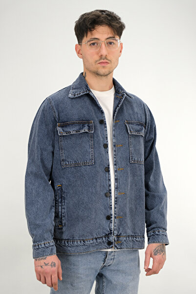 Souris Men's Navy Blue Washed Denim Jacket Shirt Collar Flap Double Pocket