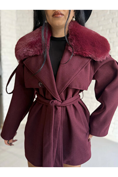 moneta boutique Women's Detachable Fur Collar Cashmere Coat