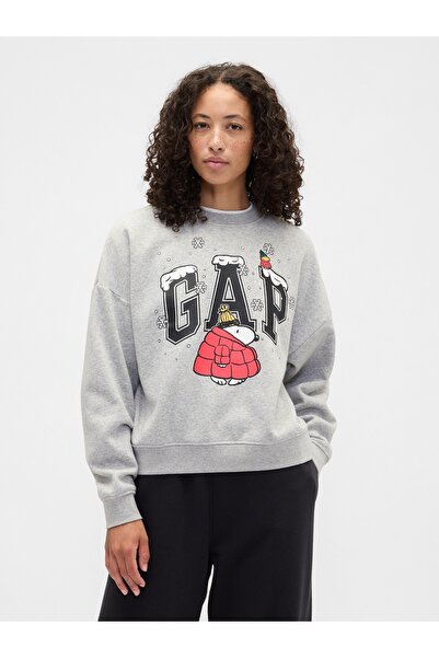 GAP Kadın Gri Peanuts Oversized Logo Sweatshirt