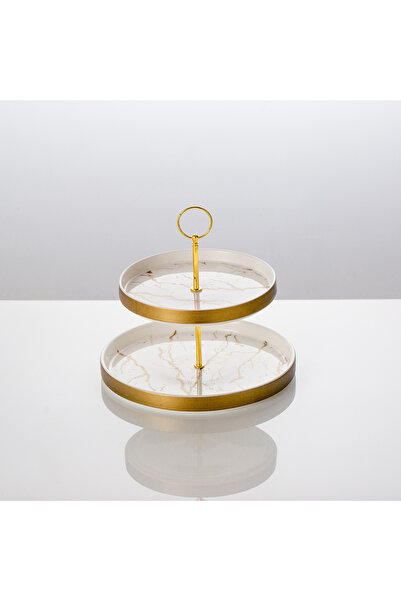 Malooki Suport dublu pentru tort alb cu design din marmură aurie
