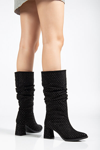 Mc vay Shoes Elora Suede Stone Printed Bellows Stylish Women's Heeled Boots