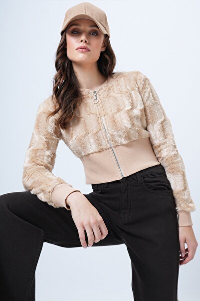 VAGGON Zippered Plush Textured Faux Fur Jacket