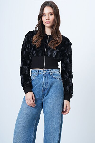 VAGGON Zippered Plush Textured Faux Fur Jacket