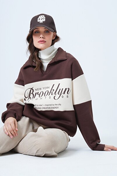 VAGGON Γυναικείο φούτερ καφέ Polo Neck με τύπωμα Vs01516