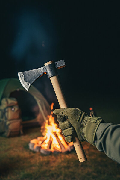 Aki Yekpare Dövme Çelik Mini Kamp Baltası Outdoor & Bahçe (600gr Saplı) -Kaynakasız Tek Parça