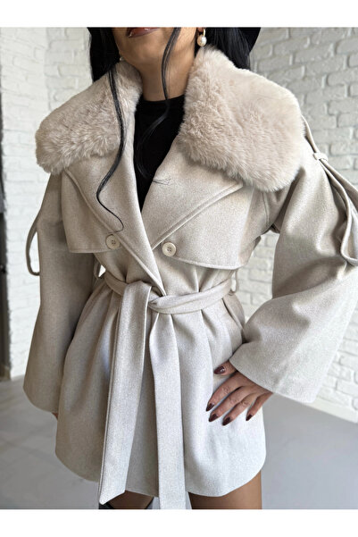 moneta boutique Women's Detachable Fur Collar Cashmere Coat