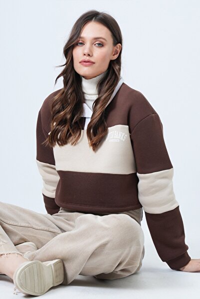 VAGGON Women's Brown R Color Block Polo Neck Sweatshirt Vs01549