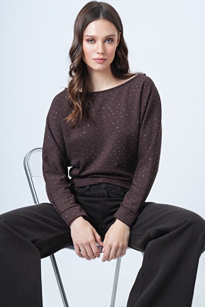 VAGGON Women's Brown Batwing Sleeve Stone Detailed Boat Neck Blouse Vs01547