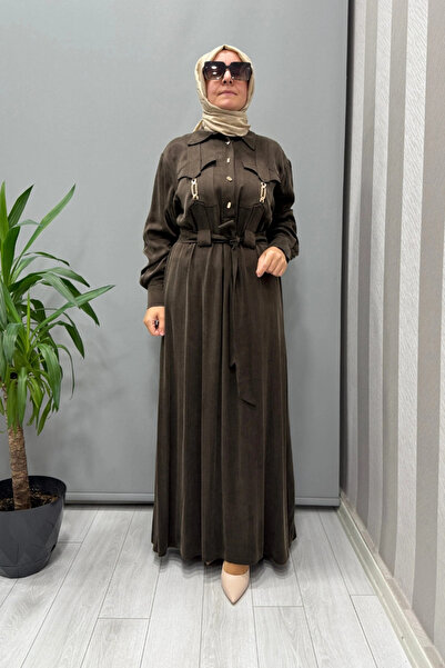 clande Pocket Detailed Silk Cupro Dress Brown 5005