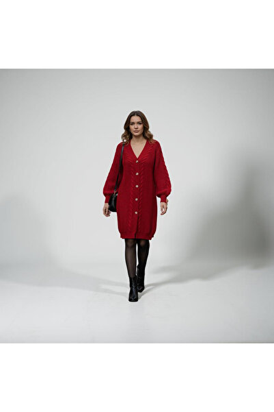 Paraf style Tricotaj roșu supradimensionat cu nasturi, cardigan lung, model e...