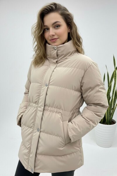 FEMİNEER.com Adjustable Waist Inflatable Coat Women's New Season Beige