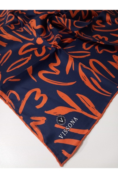 Vissona Navy Blue Orange Floral Patterned Tivil Silk Scarf-60337-13-Kvs0465