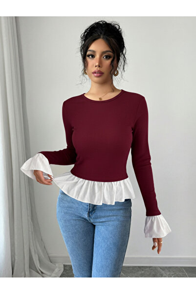 meren like your style Burgundy Round Neck Collar White Detailed Top Blouse