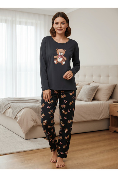 Pelife Underwear Kadın Pijama Takımı | Ayıcıklı-Desenli-Lacivert-Pamuklu-Baskılı