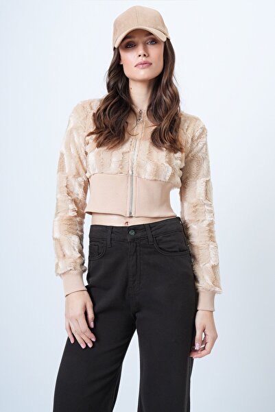 VAGGON Zippered Plush Textured Faux Fur Jacket